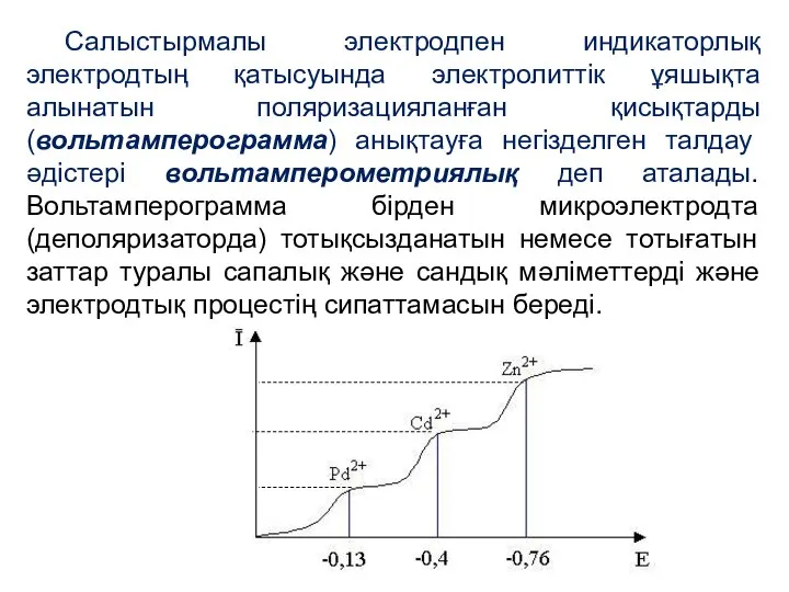 Салыстырмалы электродпен индикаторлық электродтың қатысуында электролиттік ұяшықта алынатын поляризацияланған қисықтарды (вольтамперограмма)