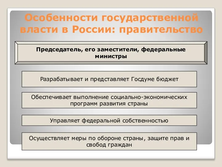 Особенности государственной власти в России: правительство Председатель, его заместители, федеральные министры