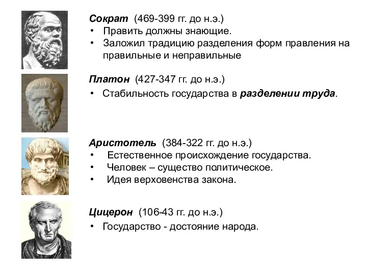 Сократ (469-399 гг. до н.э.) Править должны знающие. Заложил традицию разделения