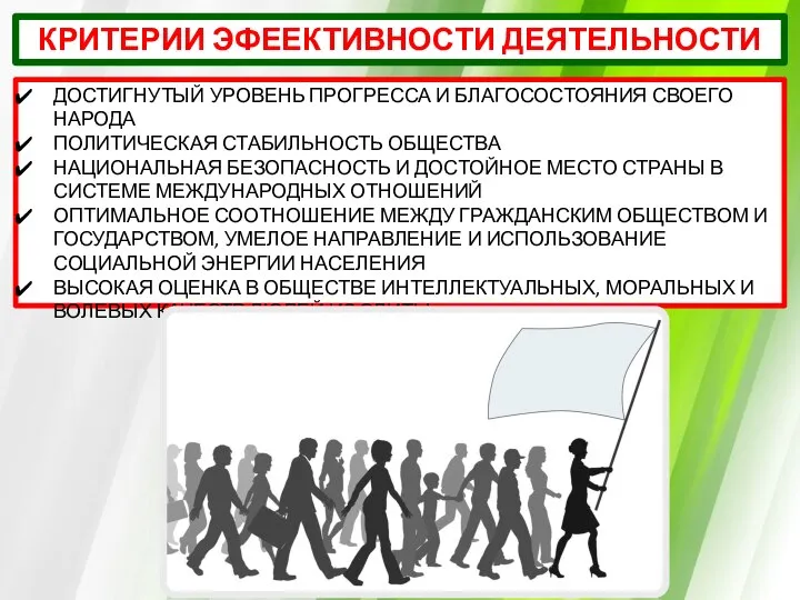 КРИТЕРИИ ЭФЕЕКТИВНОСТИ ДЕЯТЕЛЬНОСТИ ДОСТИГНУТЫЙ УРОВЕНЬ ПРОГРЕССА И БЛАГОСОСТОЯНИЯ СВОЕГО НАРОДА ПОЛИТИЧЕСКАЯ