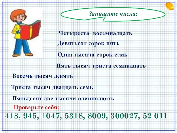 Запишите числа: Четыреста восемнадцать Девятьсот сорок пять Одна тысяча сорок семь