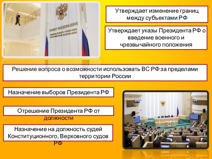 Утверждает изменение границ между субъектами РФ Утверждает указы Президента РФ о