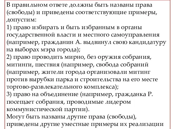 Приведите три примера, иллюстрирующие реализацию гражданами политических прав и свобод. Сначала