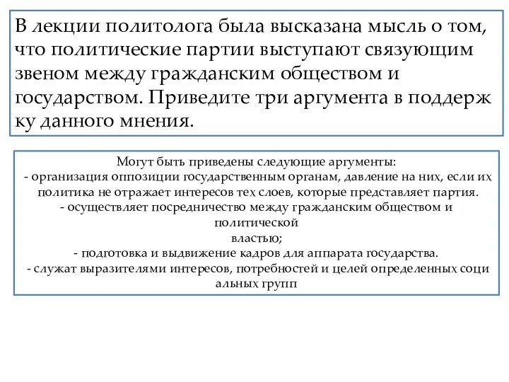 В лек­ции по­ли­то­ло­га была вы­ска­за­на мысль о том, что по­ли­ти­че­ские пар­тии