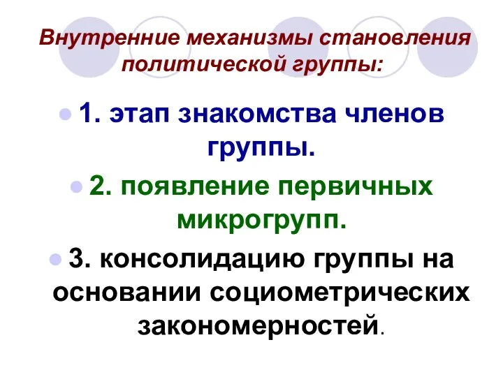 Внутренние механизмы становления политической группы: 1. этап знакомства членов группы. 2.