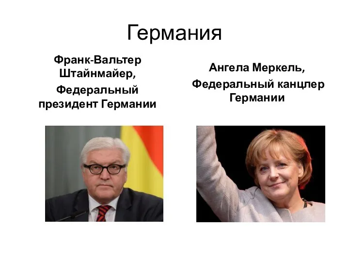 Германия Франк-Вальтер Штайнмайер, Федеральный президент Германии Ангела Меркель, Федеральный канцлер Германии