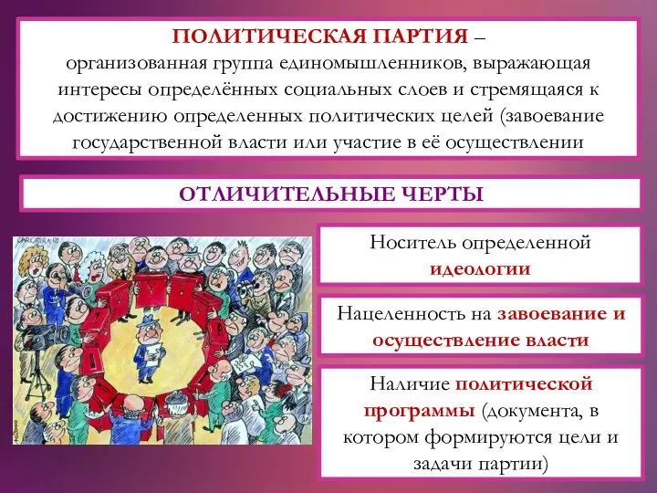 ПОЛИТИЧЕСКАЯ ПАРТИЯ – организованная группа единомышленников, выражающая интересы определённых социальных слоев