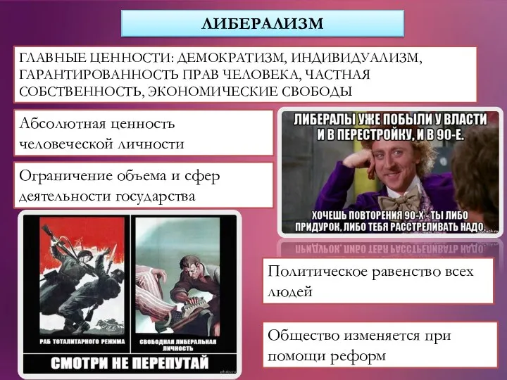 ЛИБЕРАЛИЗМ ГЛАВНЫЕ ЦЕННОСТИ: ДЕМОКРАТИЗМ, ИНДИВИДУАЛИЗМ, ГАРАНТИРОВАННОСТЬ ПРАВ ЧЕЛОВЕКА, ЧАСТНАЯ СОБСТВЕННОСТЬ, ЭКОНОМИЧЕСКИЕ