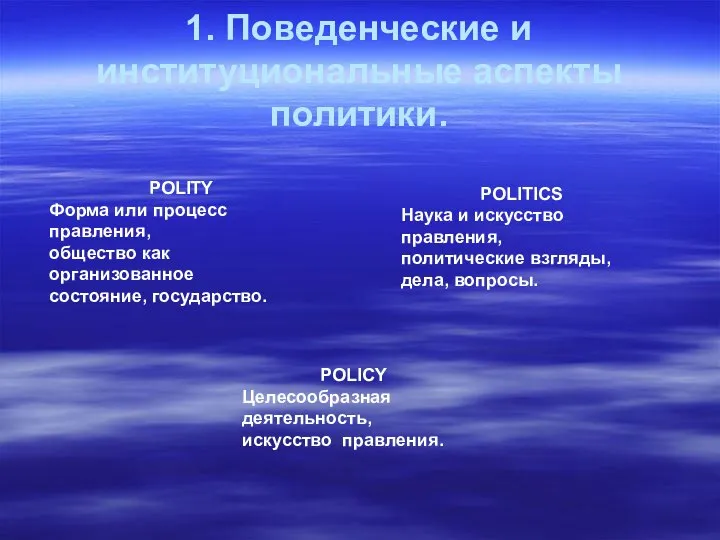 1. Поведенческие и институциональные аспекты политики. POLITY Форма или процесс правления,