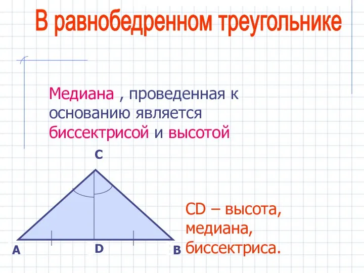 В равнобедренном треугольнике А В D CD – высота, медиана, биссектриса.