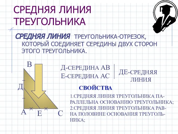 СРЕДНЯЯ ЛИНИЯ ТРЕУГОЛЬНИКА СРЕДНЯЯ ЛИНИЯ ТРЕУГОЛЬНИКА-ОТРЕЗОК, КОТОРЫЙ СОЕДИНЯЕТ СЕРЕДИНЫ ДВУХ СТОРОН