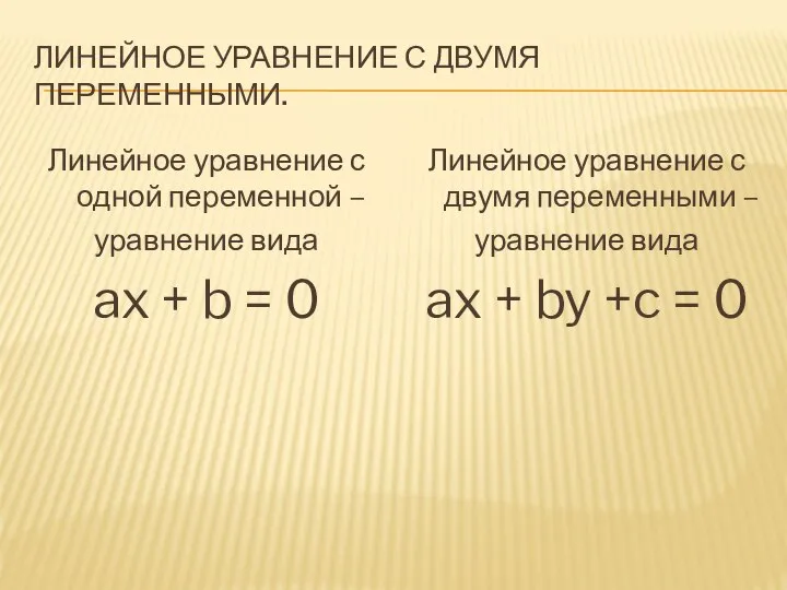 ЛИНЕЙНОЕ УРАВНЕНИЕ С ДВУМЯ ПЕРЕМЕННЫМИ. Линейное уравнение с одной переменной –