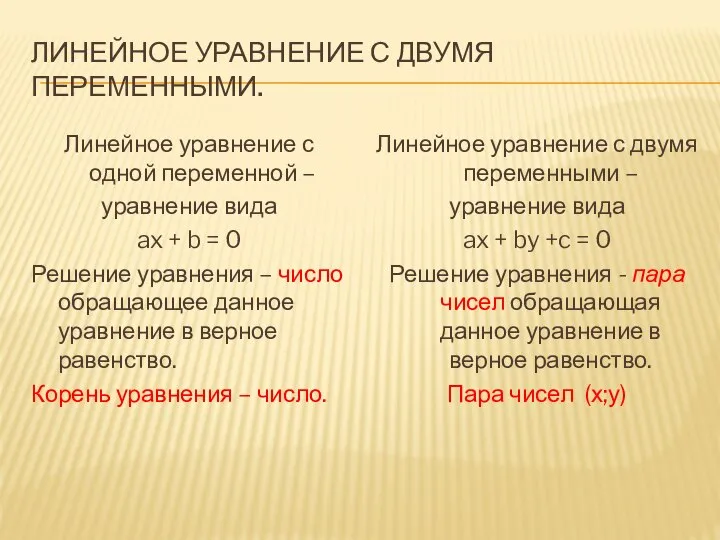 ЛИНЕЙНОЕ УРАВНЕНИЕ С ДВУМЯ ПЕРЕМЕННЫМИ. Линейное уравнение с одной переменной –