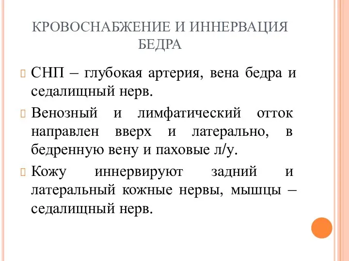 КРОВОСНАБЖЕНИЕ И ИННЕРВАЦИЯ БЕДРА СНП – глубокая артерия, вена бедра и