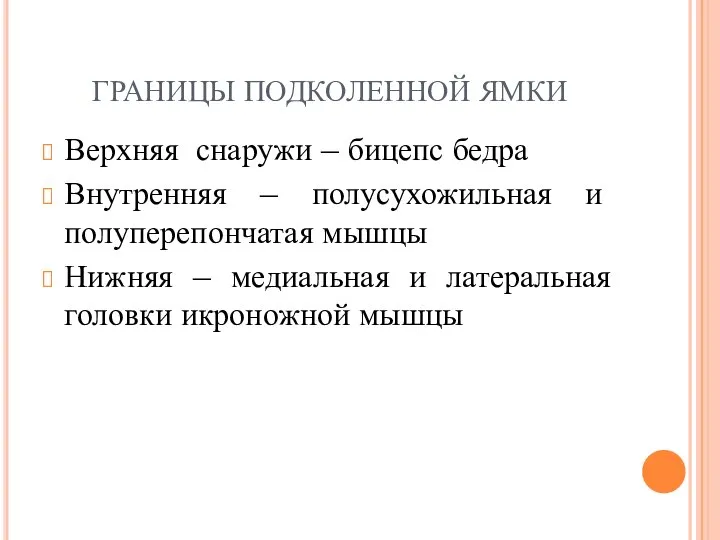 ГРАНИЦЫ ПОДКОЛЕННОЙ ЯМКИ Верхняя снаружи – бицепс бедра Внутренняя – полусухожильная