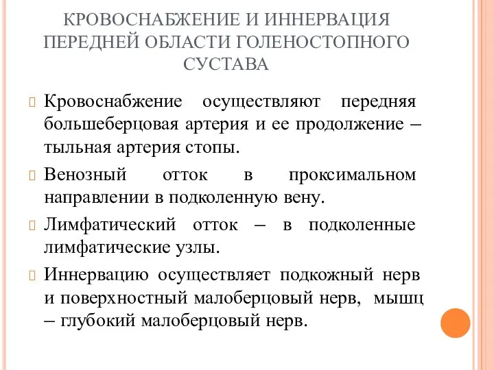 КРОВОСНАБЖЕНИЕ И ИННЕРВАЦИЯ ПЕРЕДНЕЙ ОБЛАСТИ ГОЛЕНОСТОПНОГО СУСТАВА Кровоснабжение осуществляют передняя большеберцовая