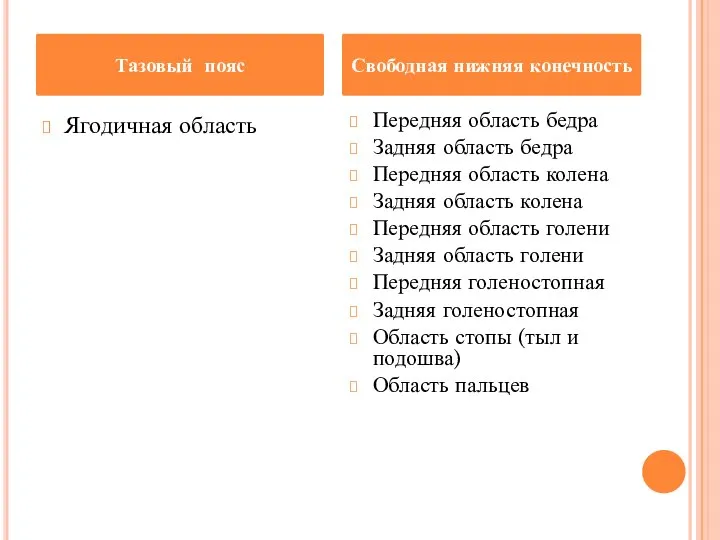 Ягодичная область Передняя область бедра Задняя область бедра Передняя область колена