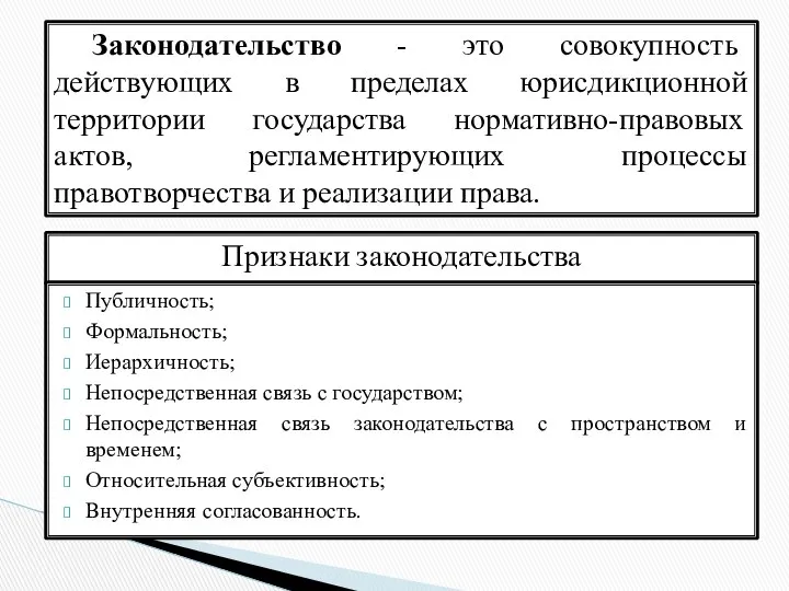 Законодательство - это совокупность действующих в пределах юрисдикционной территории государства нормативно-правовых