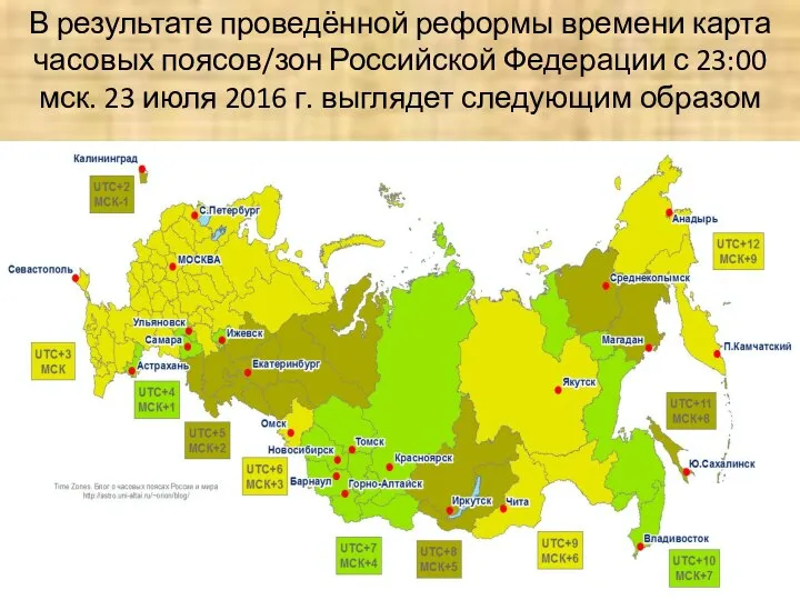 В результате проведённой реформы времени карта часовых поясов/зон Российской Федерации с