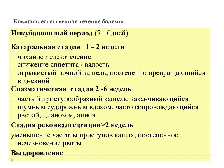 Коклюш: естественное течение болезни Инкубационный период (7-10дней) Катаральная стадия 1 -