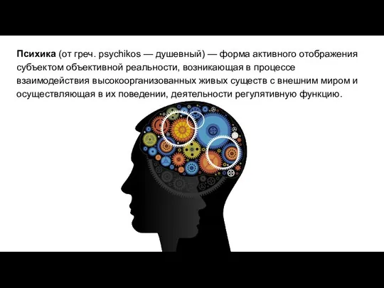 Психика (от греч. psychikos — душевный) — форма активного отображения субъектом