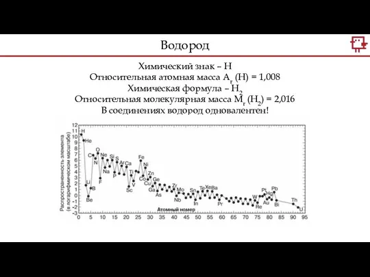 Химический знак – Н Относительная атомная масса Аr (Н) = 1,008