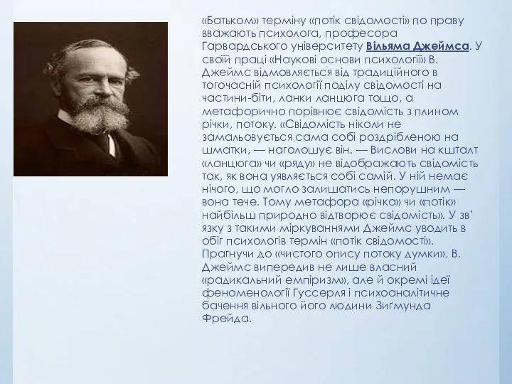 «Батьком» терміну «потік свідомості» по праву вважають психолога, професора Гарвардського університету