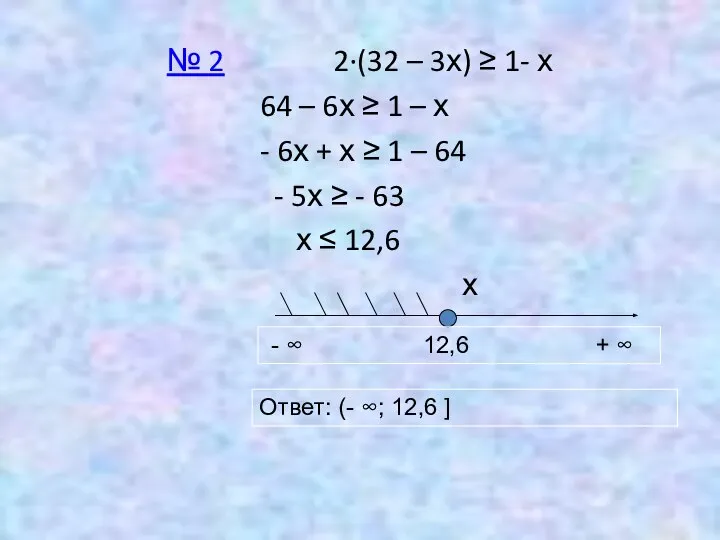 № 2 2∙(32 – 3х) ≥ 1- х 64 – 6х