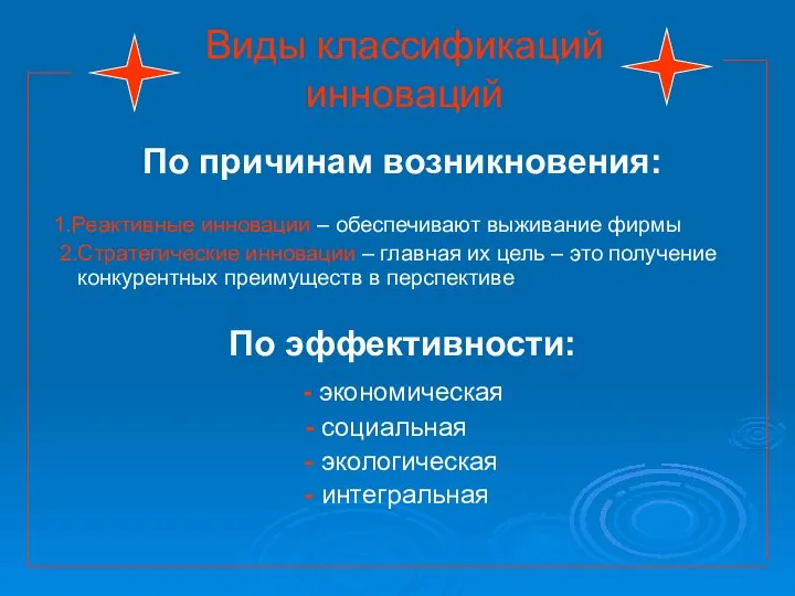 Виды классификаций инноваций По причинам возникновения: 1.Реактивные инновации – обеспечивают выживание