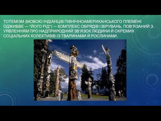 ТОТЕМІЗМ (МОВОЮ ІНДІАНЦІВ ПІВНІЧНОАМЕРИКАНСЬКОГО ПЛЕМЕНІ ОДЖИБВЕ — "ЙОГО РІД") — КОМПЛЕКС