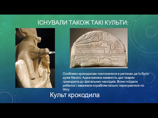 ІСНУВАЛИ ТАКОЖ ТАКІ КУЛЬТИ: Культ крокодила Особливо крокодилам поклонялися в регіонах