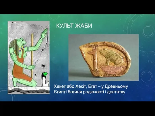 КУЛЬТ ЖАБИ Хекет або Хекіт, Егет – у Древньому Єгипті богиня родючості і достатку