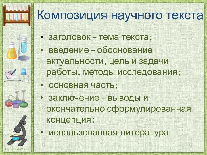 Композиция научного текста заголовок – тема текста; введение – обоснование актуальности,