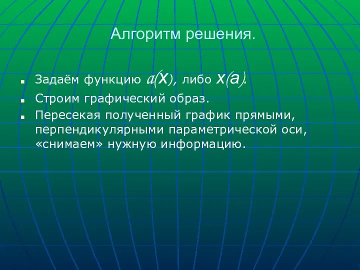 Алгоритм решения. Задаём функцию a(х), либо х(а). Строим графический образ. Пересекая