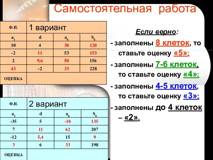 Гераськина М.Г. Самостоятельная работа Если верно: - заполнены 8 клеток, то