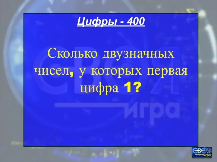 Цифры - 400 Сколько двузначных чисел, у которых первая цифра 1?