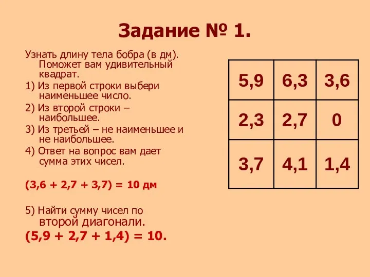 Задание № 1. Узнать длину тела бобра (в дм). Поможет вам