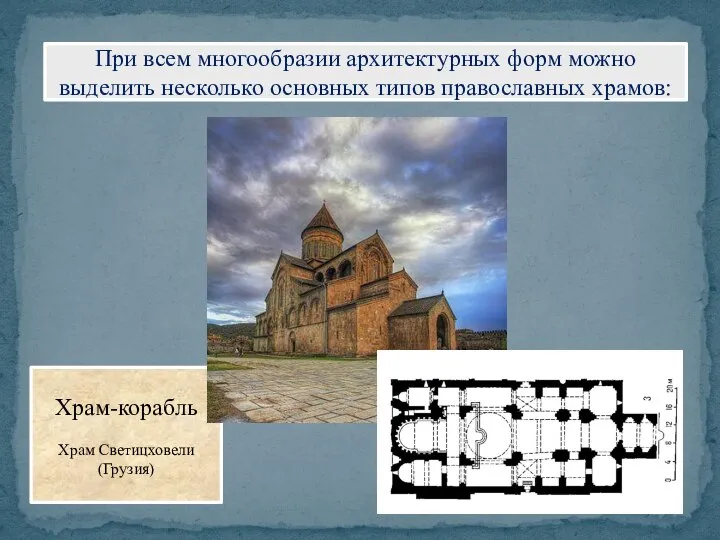 При всем многообразии архитектурных форм можно выделить несколько основных типов православных храмов: Храм-корабль Храм Светицховели (Грузия)