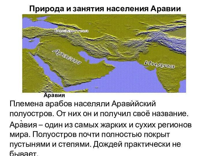 Аравия Племена арабов населяли Аравѝйский полуостров. От них он и получил