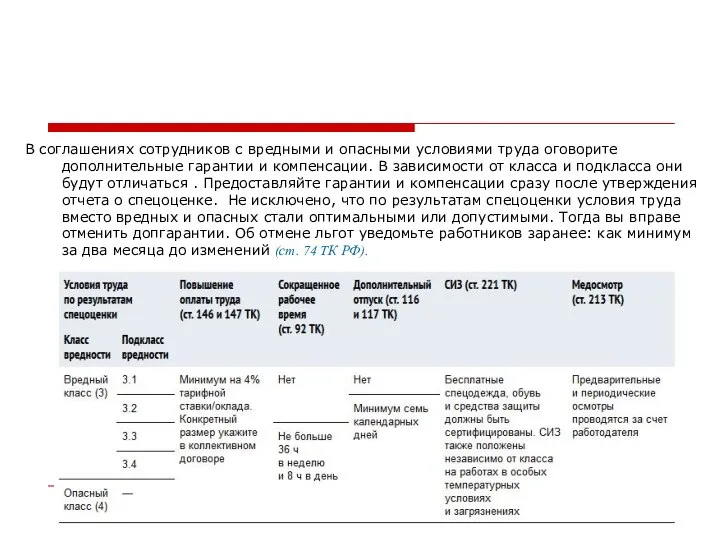 В соглашениях сотрудников с вредными и опасными условиями труда оговорите дополнительные