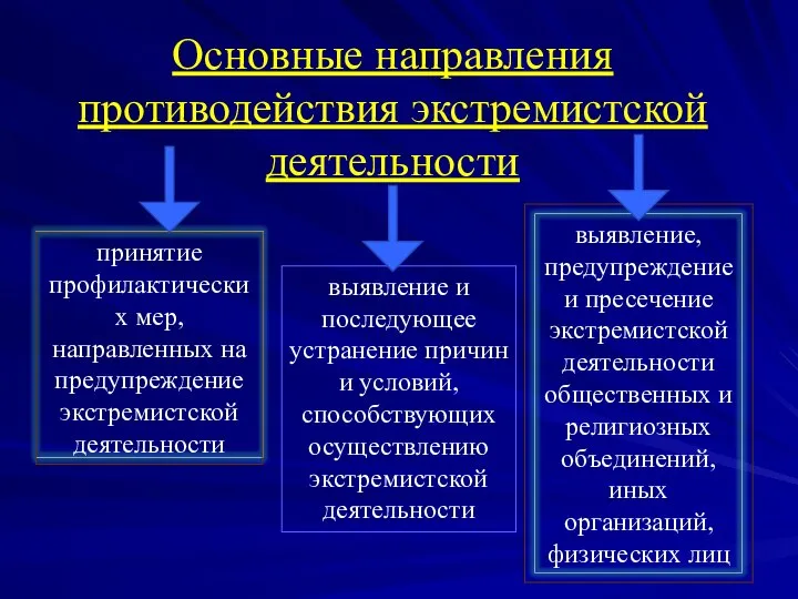 Основные направления противодействия экстремистской деятельности выявление и последующее устранение причин и условий, способствующих осуществлению экстремистской деятельности