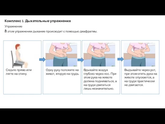 Комплекс 1. Дыхательные упражнения Вдыхайте воздух глубоко через нос. При этом