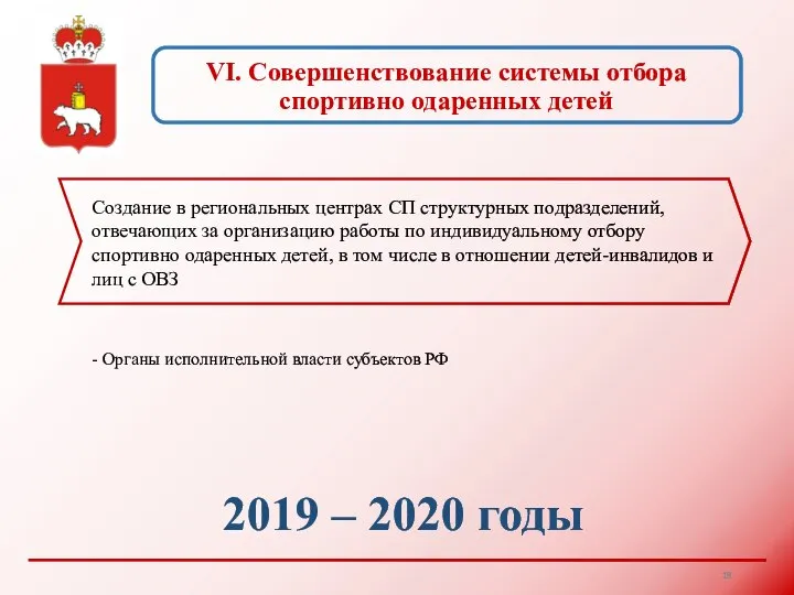 VI. Совершенствование системы отбора спортивно одаренных детей 2019 – 2020 годы