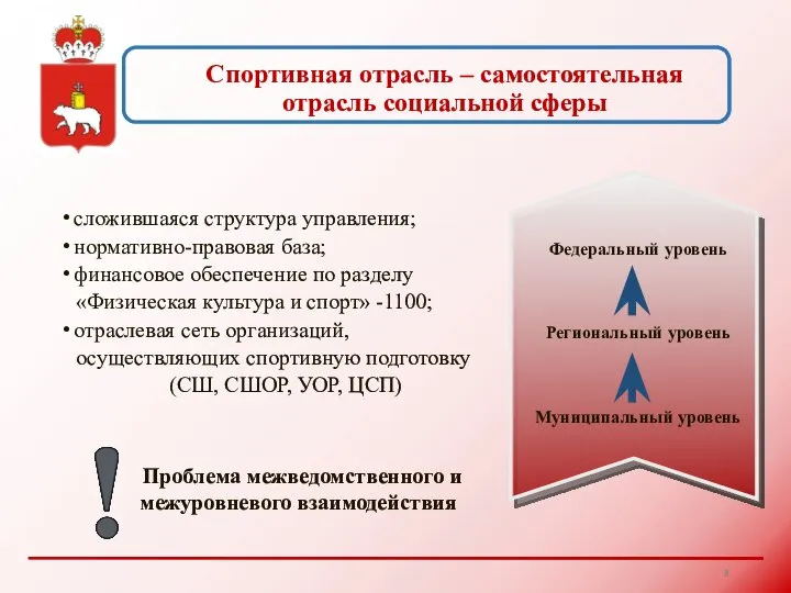 Спортивная отрасль – самостоятельная отрасль социальной сферы Федеральный уровень Региональный уровень