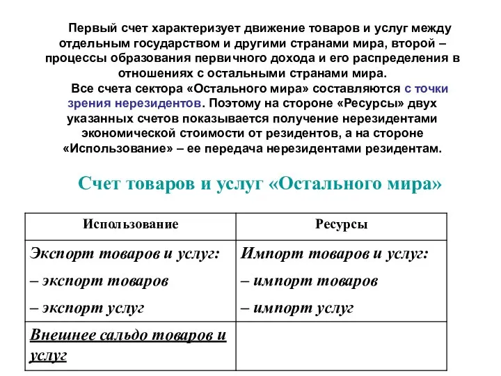 Первый счет характеризует движение товаров и услуг между отдельным государством и