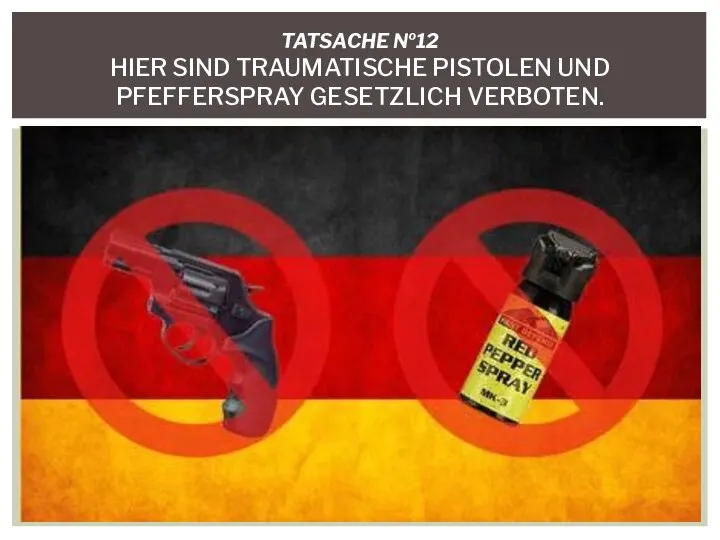 TATSACHE №12 HIER SIND TRAUMATISCHE PISTOLEN UND PFEFFERSPRAY GESETZLICH VERBOTEN.