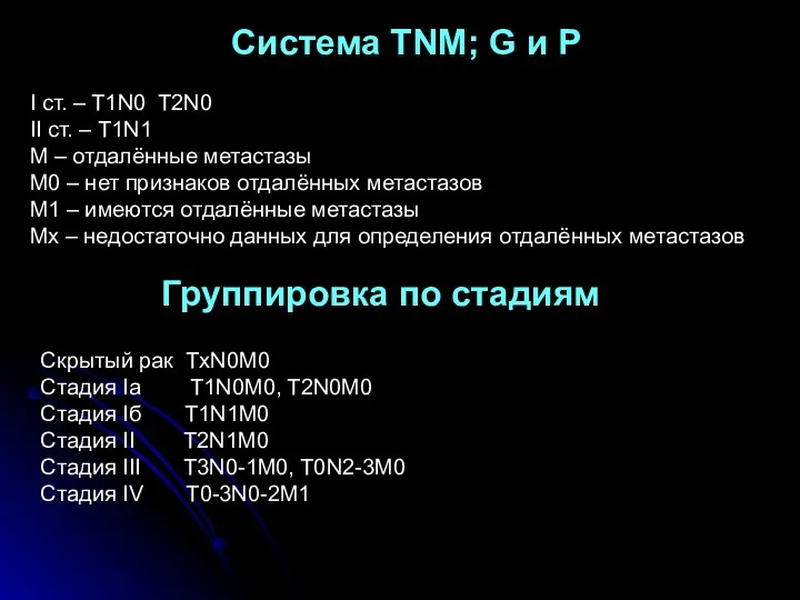 Система TNM; G и P I ст. – T1N0 T2N0 II