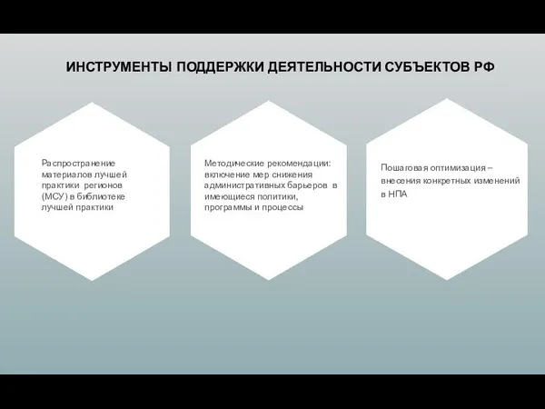 ИНСТРУМЕНТЫ ПОДДЕРЖКИ ДЕЯТЕЛЬНОСТИ СУБЪЕКТОВ РФ Пошаговая оптимизация – внесения конкретных изменений