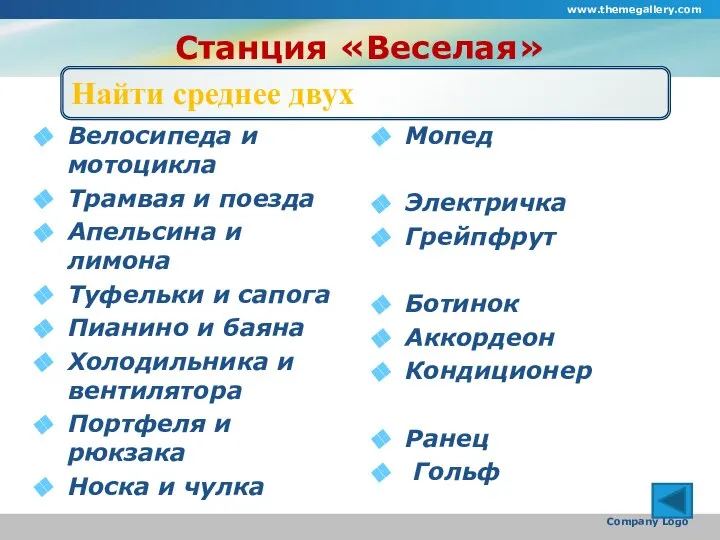 Станция «Веселая» Велосипеда и мотоцикла Трамвая и поезда Апельсина и лимона