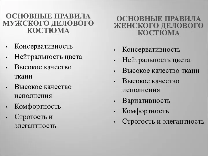 ОСНОВНЫЕ ПРАВИЛА МУЖСКОГО ДЕЛОВОГО КОСТЮМА ОСНОВНЫЕ ПРАВИЛА ЖЕНСКОГО ДЕЛОВОГО КОСТЮМА Консервативность